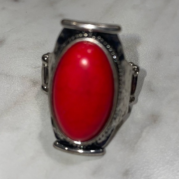 paparazzi Jewelry - Paparazzi Silver Adjustable Ring with Red Stone